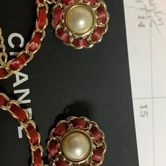 Chanel Red Leather and Gold Chain CHANEL Hoop Pearl Earrings 929 shipped Pearl - Picture 2 of 6